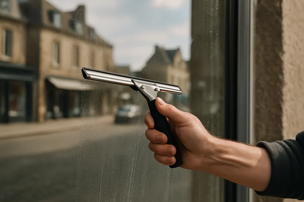 Main utilisant une raclette pour nettoyer une vitrine de magasin à Lannion