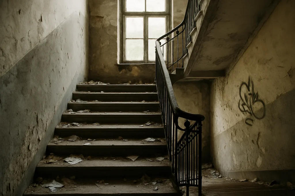 Cage d'escalier dégradée avec murs défraîchis et détritus à Saint-Brieuc.