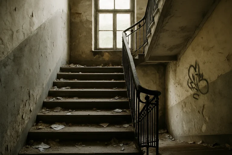 Cage d'escalier dégradée avec murs défraîchis et détritus à Saint-Brieuc.