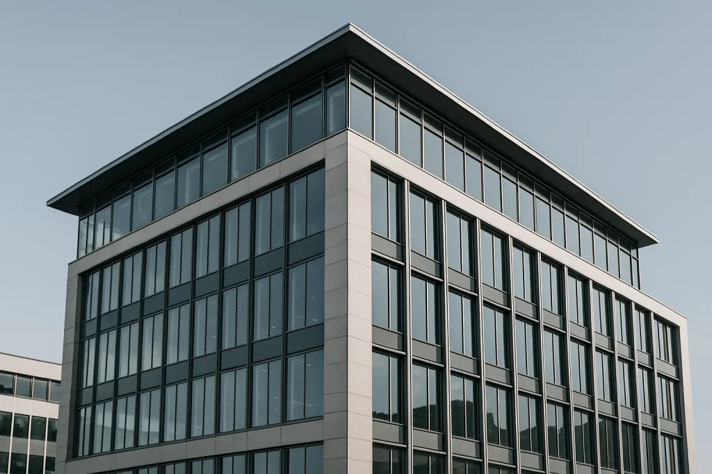 Façade d'un bâtiment de bureaux moderne à Saint-Brieuc, sous un ciel dégagé.