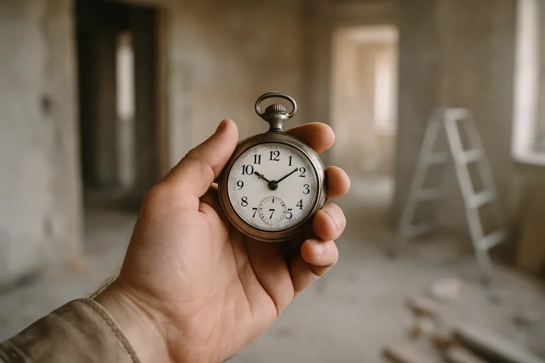 Main tenant une montre à gousset devant un chantier de rénovation flou.