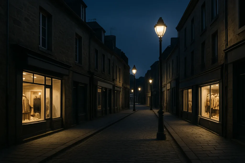 Rue commerçante dans les Côtes-d'Armor la nuit avec lampadaires et vitrines éclairées.