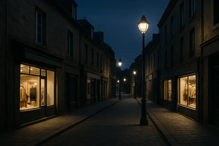 Rue commerçante dans les Côtes-d'Armor la nuit avec lampadaires et vitrines éclairées.