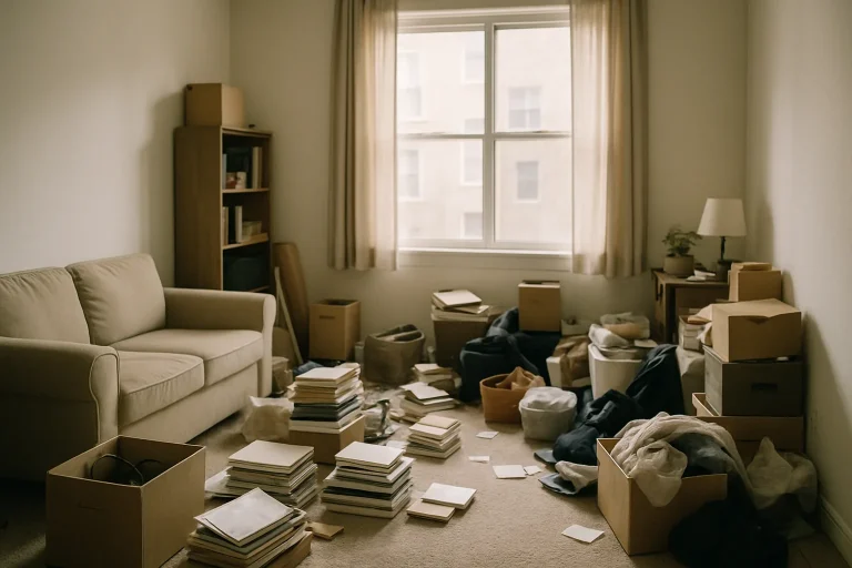 Appartement encombré avec piles d'objets divers, lumière douce entrant par fenêtre