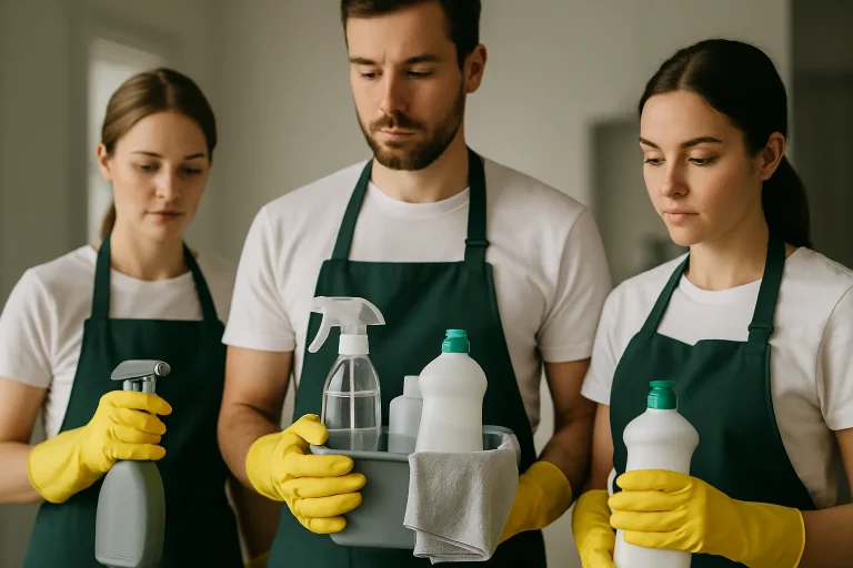 Équipe de nettoyage avec gants et produits, concentrée sur le travail