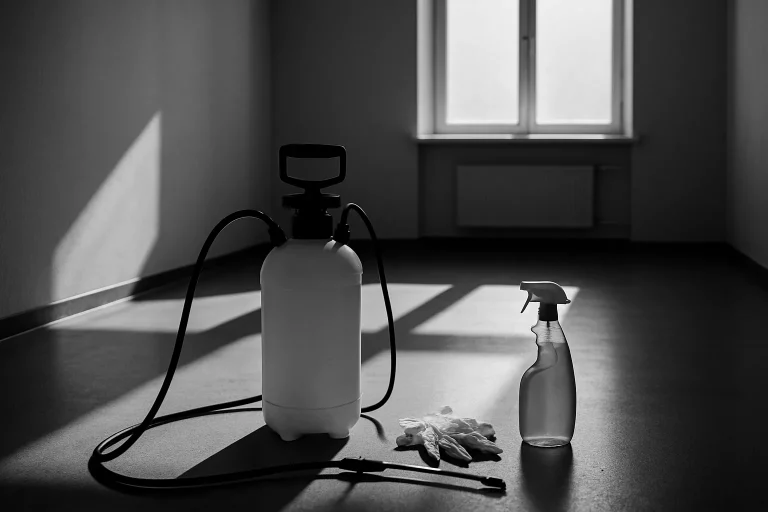 Pièce vide en noir et blanc avec équipements de désinfection au sol, forte lumière contrastée