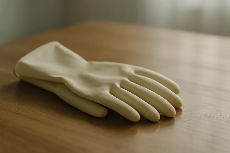 Gros plan de gants en caoutchouc sur une table, lumière douce