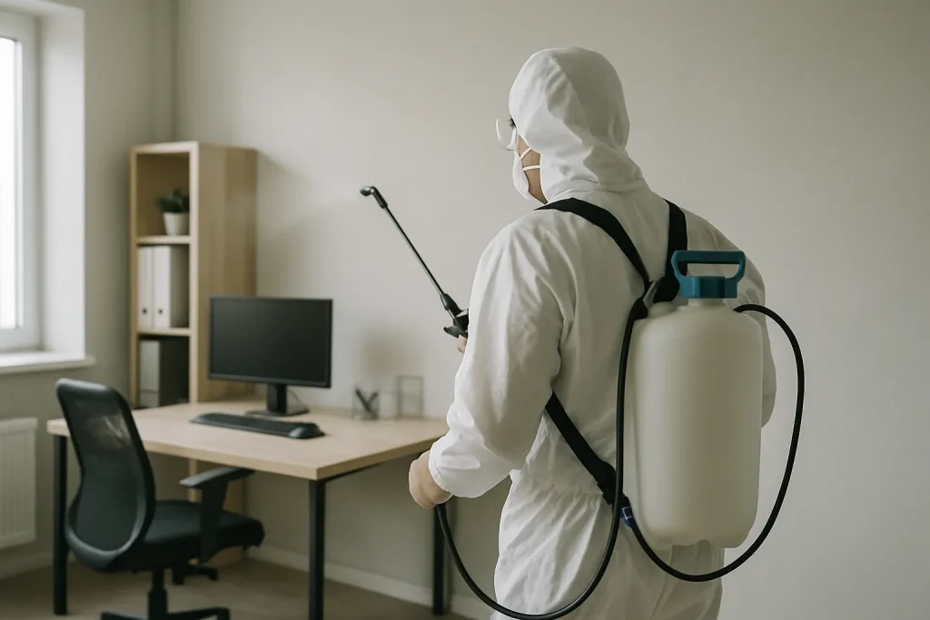 Technicien de dos pulvérisant un désinfectant dans un local professionnel après une infestation de souris