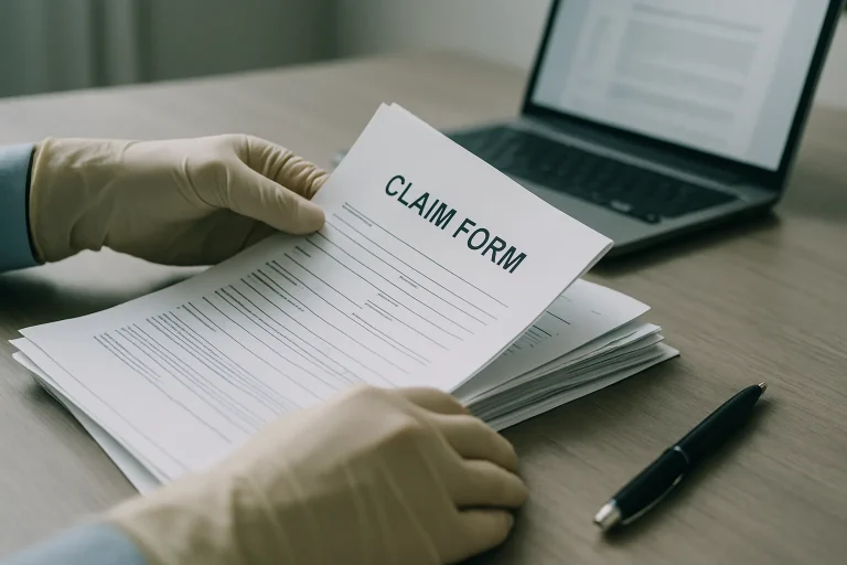 Des mains gantées manipulant des documents de sinistre sur un bureau avec ordinateur.