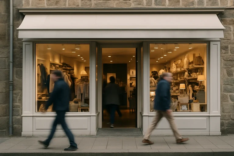 Boutique à Perros-Guirec avec nombreux passants, vitrines éclairées, lumière du jour
