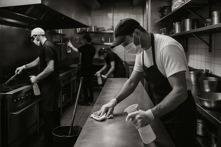 Cuisine de restaurant en cours de désinfection après infestation de cafards, plusieurs personnes au travail