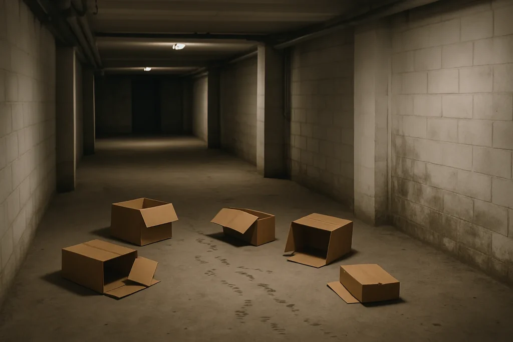 Sous-sol d'immeuble avec cartons renversés et traces de rongeurs sur le sol