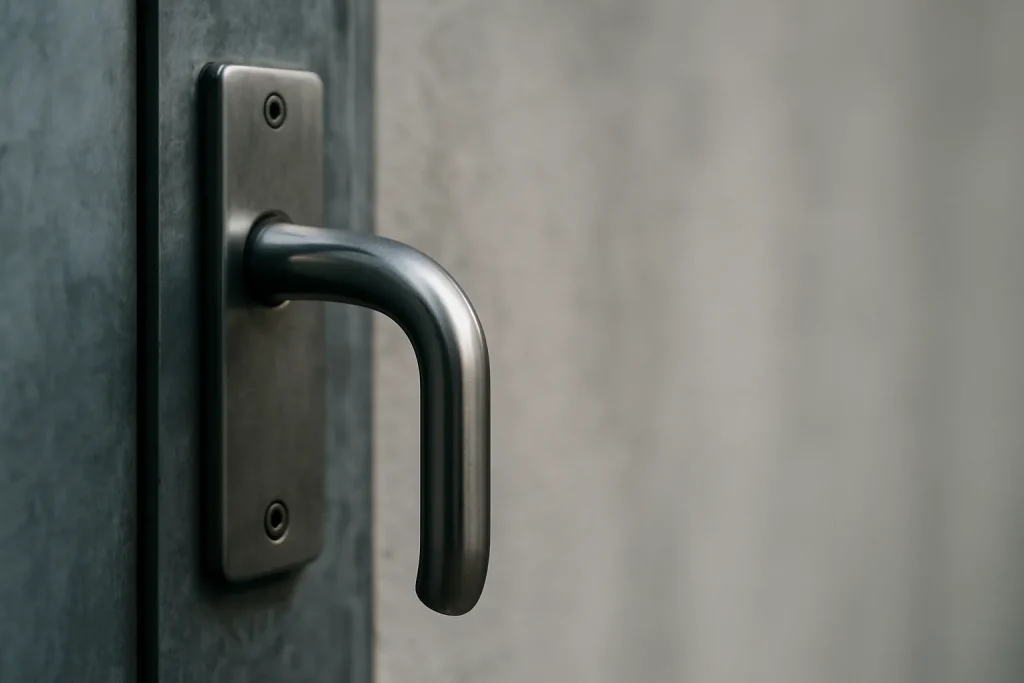 Gros plan sur une poignée de porte en métal avec un mur flou en arrière-plan
