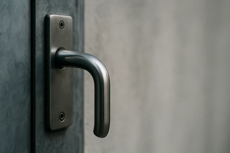 Gros plan sur une poignée de porte en métal avec un mur flou en arrière-plan