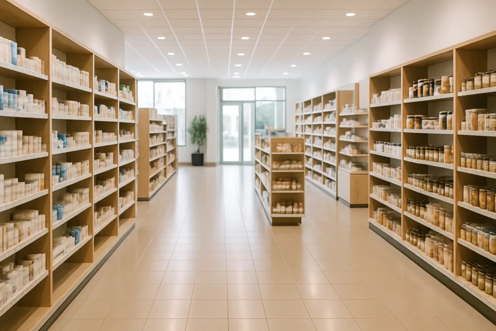 Espace commercial à Lannion bien entretenu, sol brillant et étagères rangées