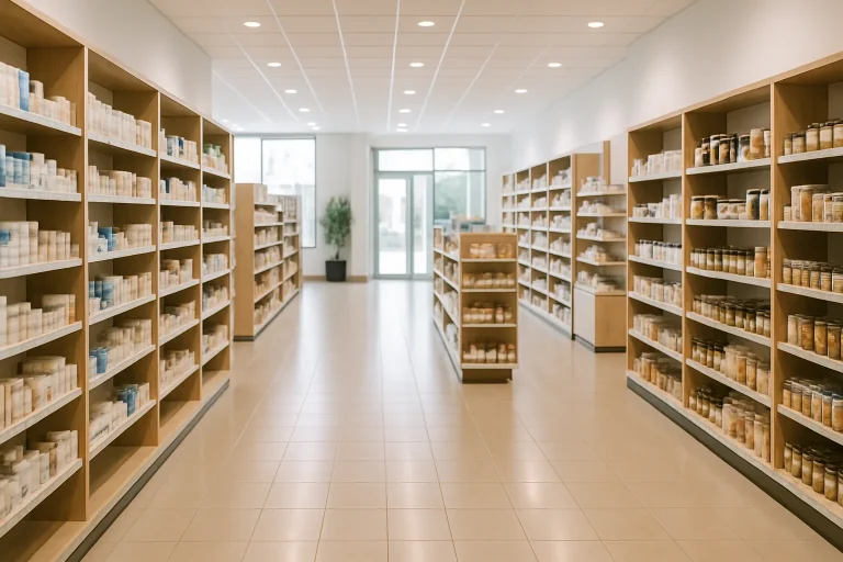 Espace commercial à Lannion bien entretenu, sol brillant et étagères rangées