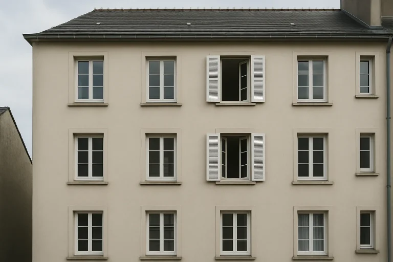 Façade d'un immeuble résidentiel à Saint-Brieuc avec fenêtres ouvertes, lumière du jour