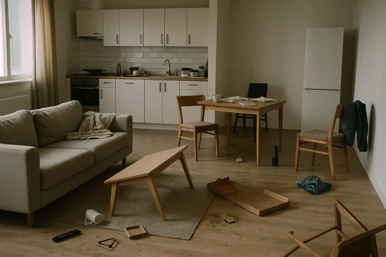 Appartement en désordre avec meubles renversés et traces de saleté, lumière douce