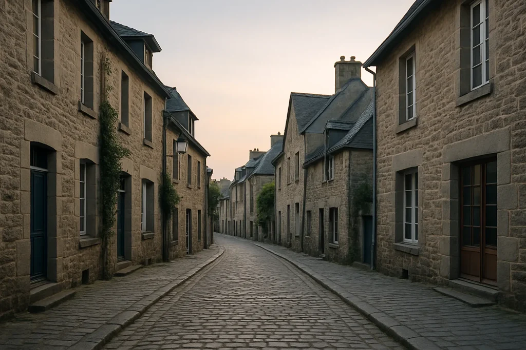 Rue tranquille de Dinan à l'aube, avec façades en pierre, avant un nettoyage de copropriété.