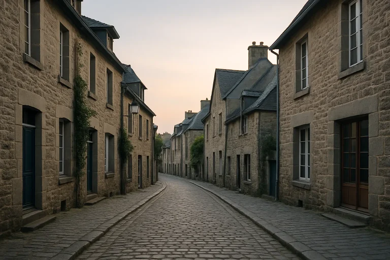 Rue tranquille de Dinan à l'aube, avec façades en pierre, avant un nettoyage de copropriété.